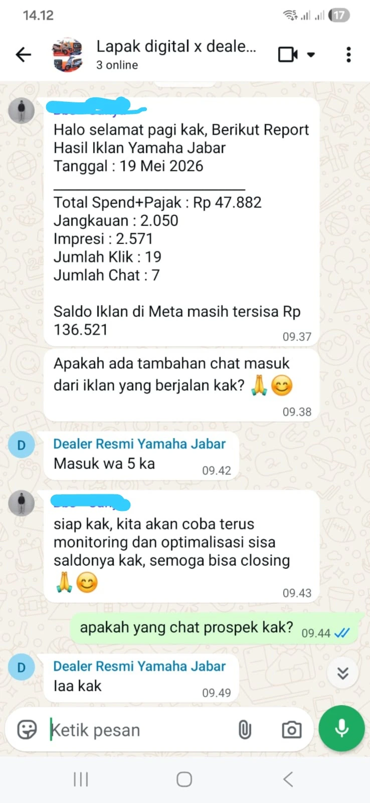 Screenshot WA Klien Dealer Resmi Yamaha